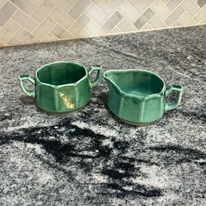 Vintage green pottery cream and sugar